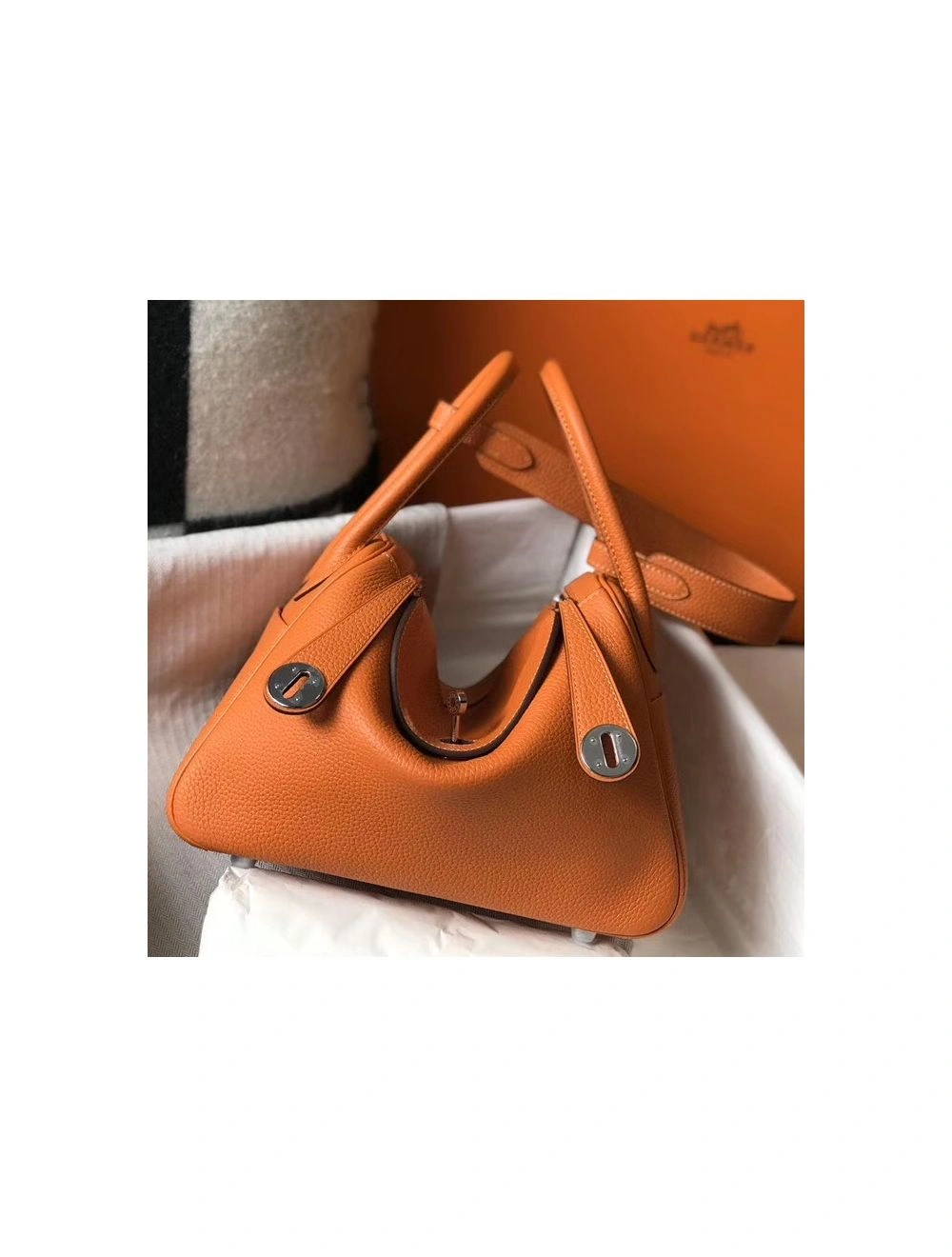 Hermes Lindy 26cm Bag In Orange Clemence Leather PHW