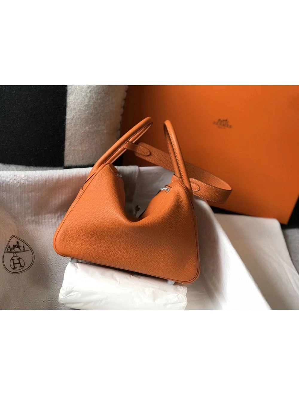 Hermes Lindy 26cm Bag In Orange Clemence Leather PHW