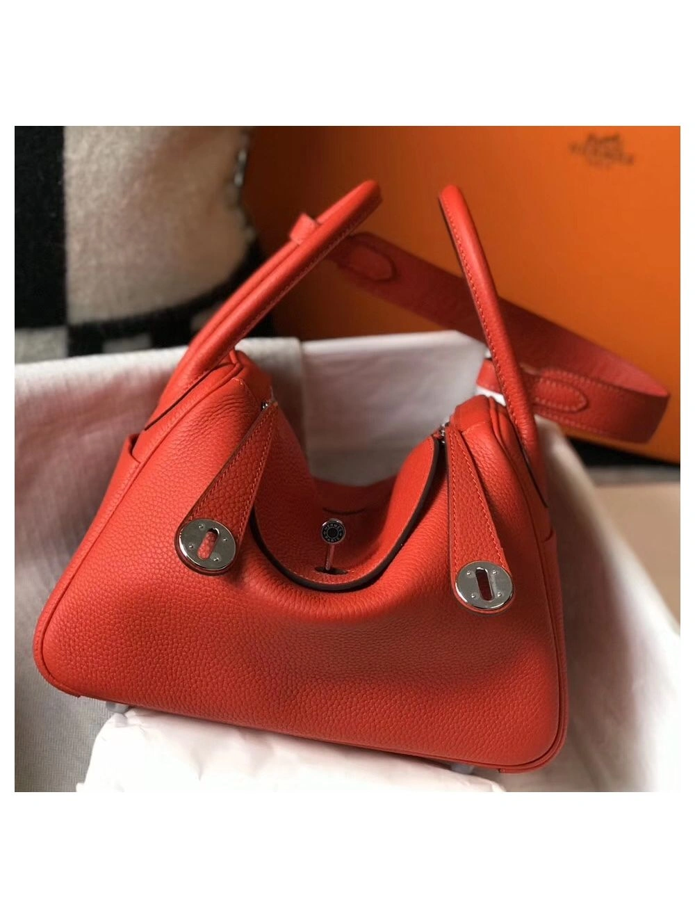 Hermes Lindy 26cm Bag In Red Clemence Leather PHW