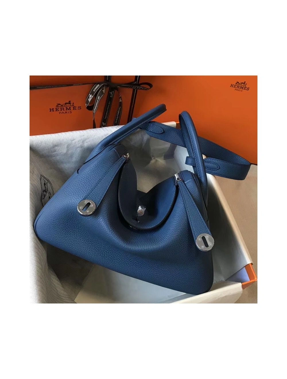 Hermes Lindy 30cm Bag In Blue Agate Clemence Leather PHW