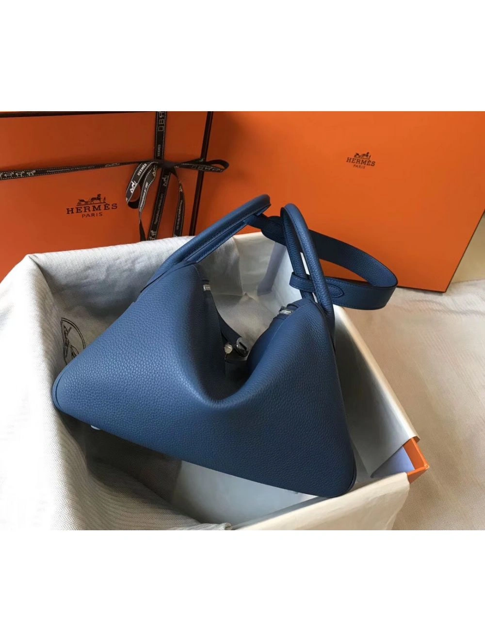 Hermes Lindy 30cm Bag In Blue Agate Clemence Leather PHW
