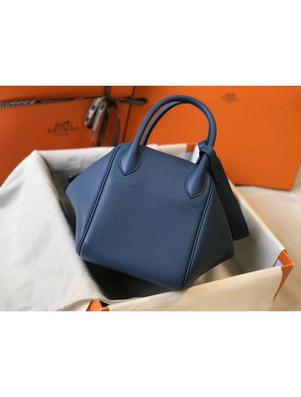Hermes Lindy 30cm Bag In Blue Agate Clemence Leather PHW