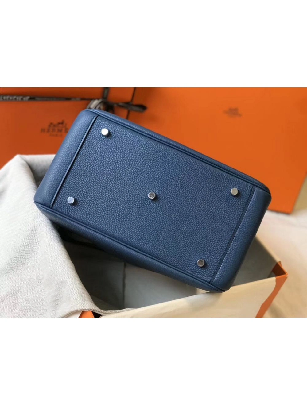 Hermes Lindy 30cm Bag In Blue Agate Clemence Leather PHW