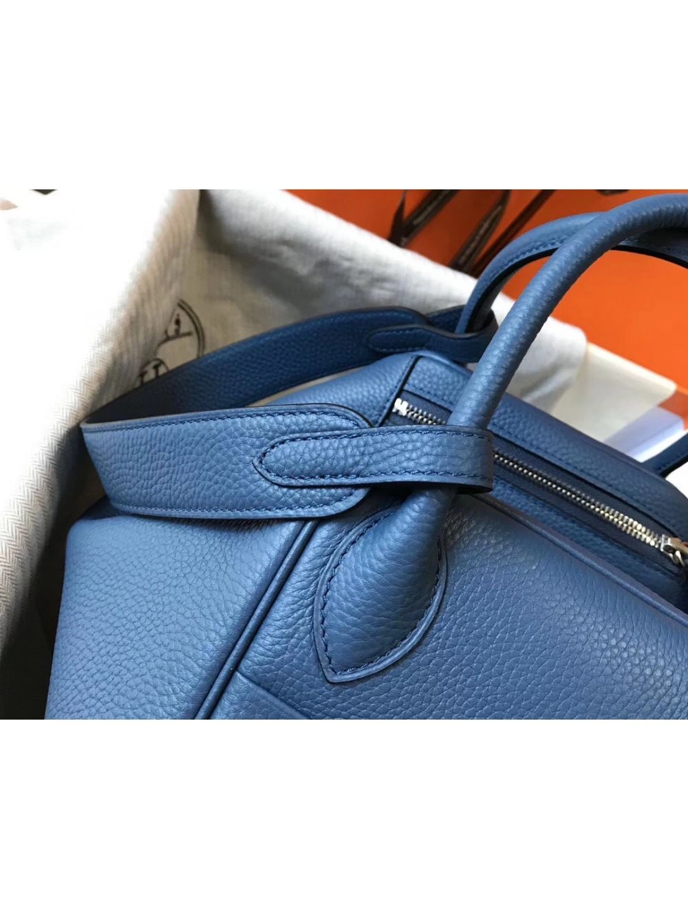 Hermes Lindy 30cm Bag In Blue Agate Clemence Leather PHW