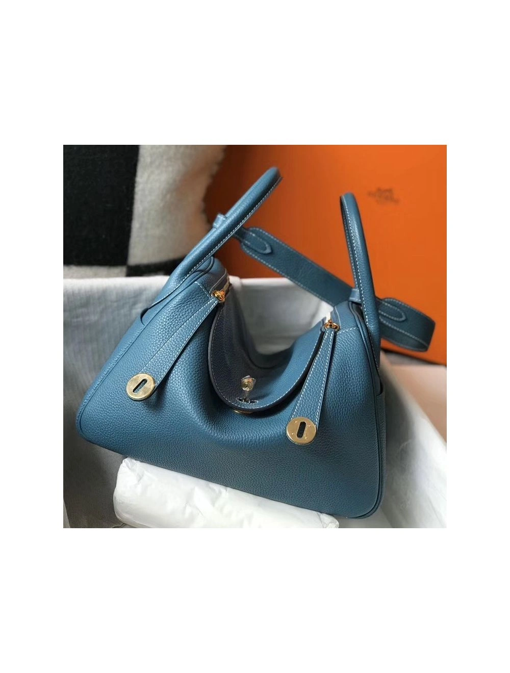 Hermes Lindy 30cm Bag In Blue Jean Clemence Leather GHW