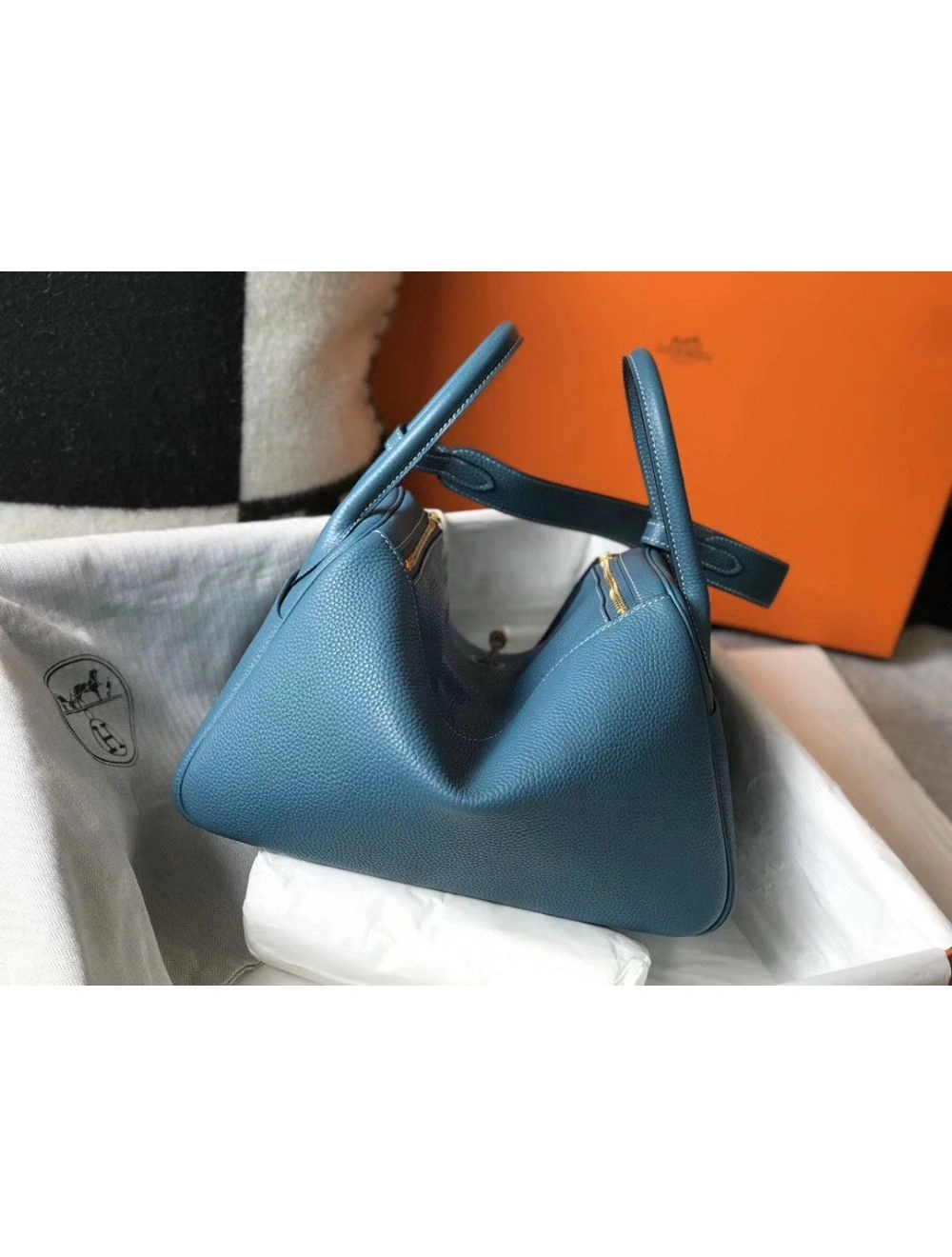 Hermes Lindy 30cm Bag In Blue Jean Clemence Leather GHW