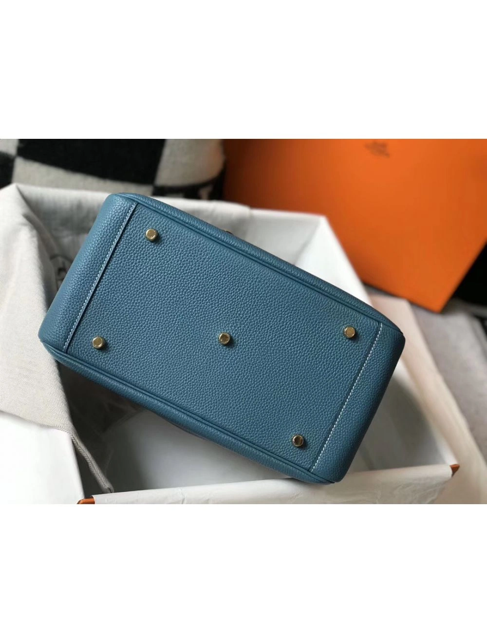 Hermes Lindy 30cm Bag In Blue Jean Clemence Leather GHW