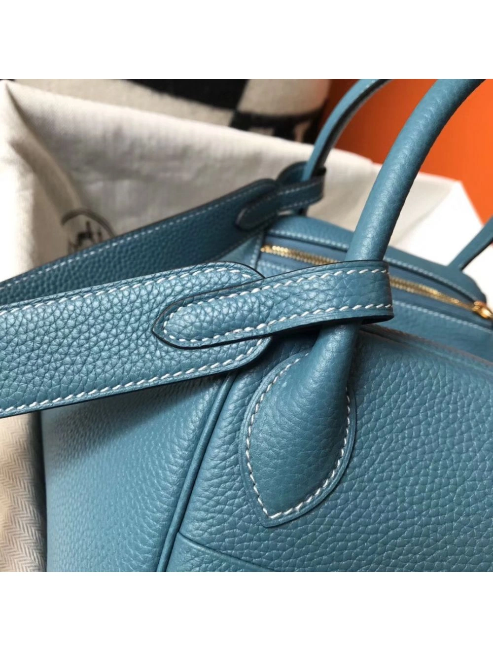 Hermes Lindy 30cm Bag In Blue Jean Clemence Leather GHW
