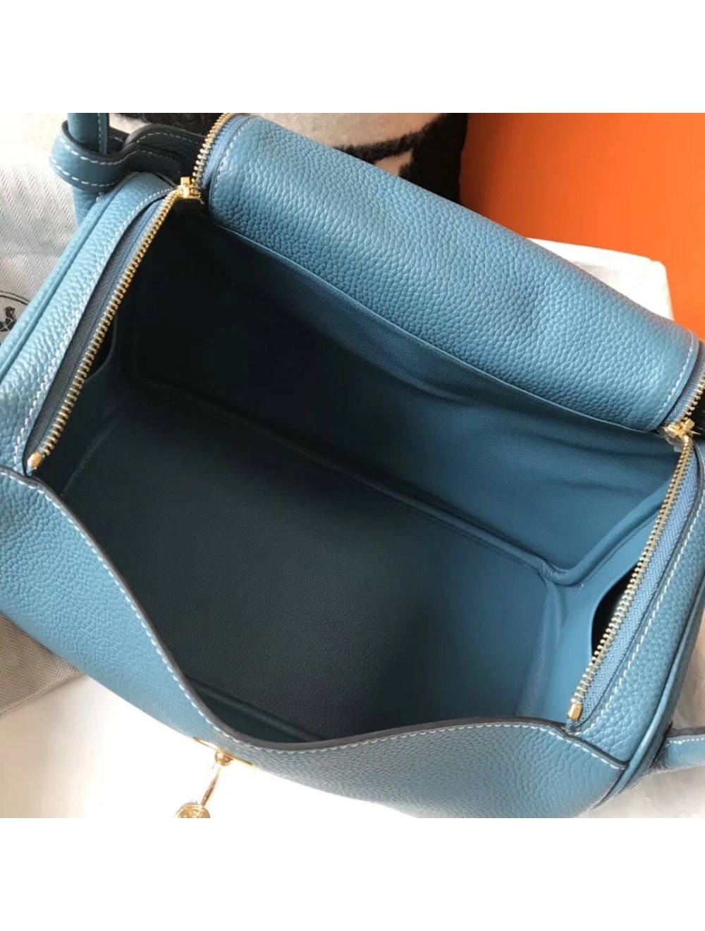 Hermes Lindy 30cm Bag In Blue Jean Clemence Leather GHW