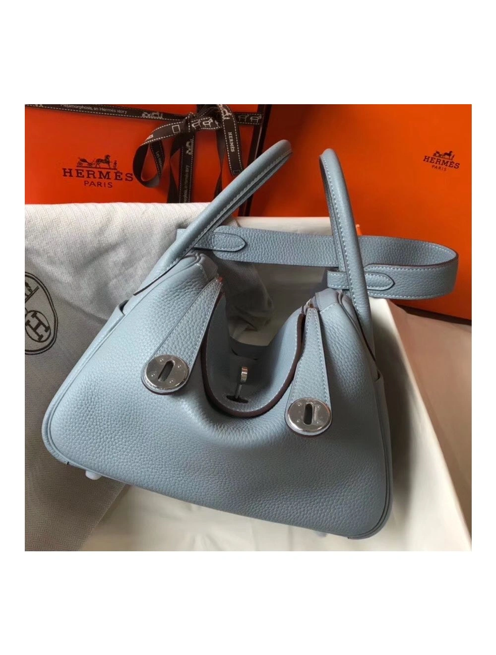 Hermes Lindy 30cm Bag In Blue Lin Clemence Leather PHW