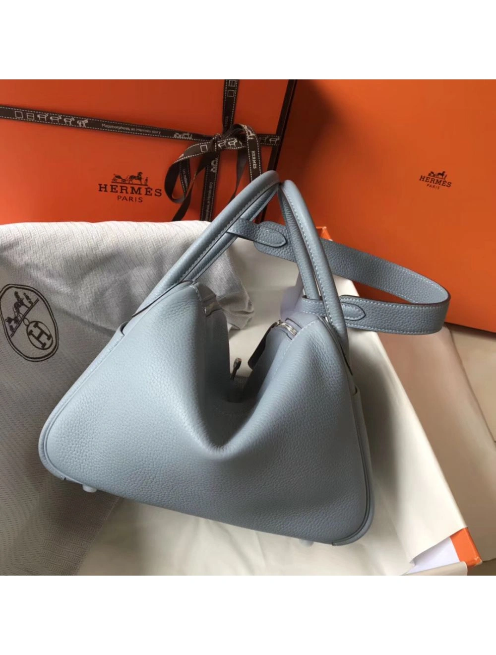 Hermes Lindy 30cm Bag In Blue Lin Clemence Leather PHW
