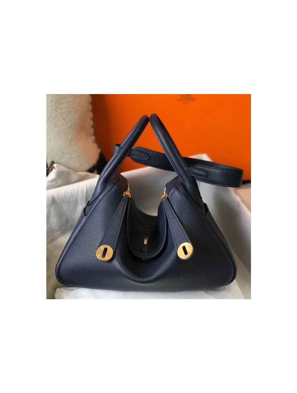 Hermes Lindy 30cm Bag In Navy Blue Clemence Leather GHW