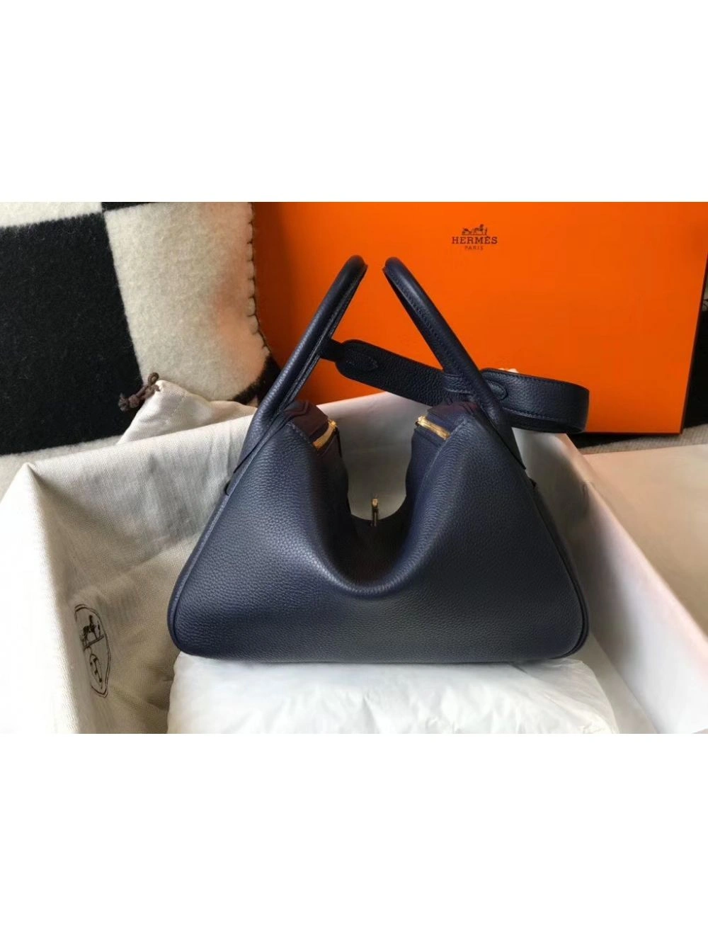 Hermes Lindy 30cm Bag In Navy Blue Clemence Leather GHW