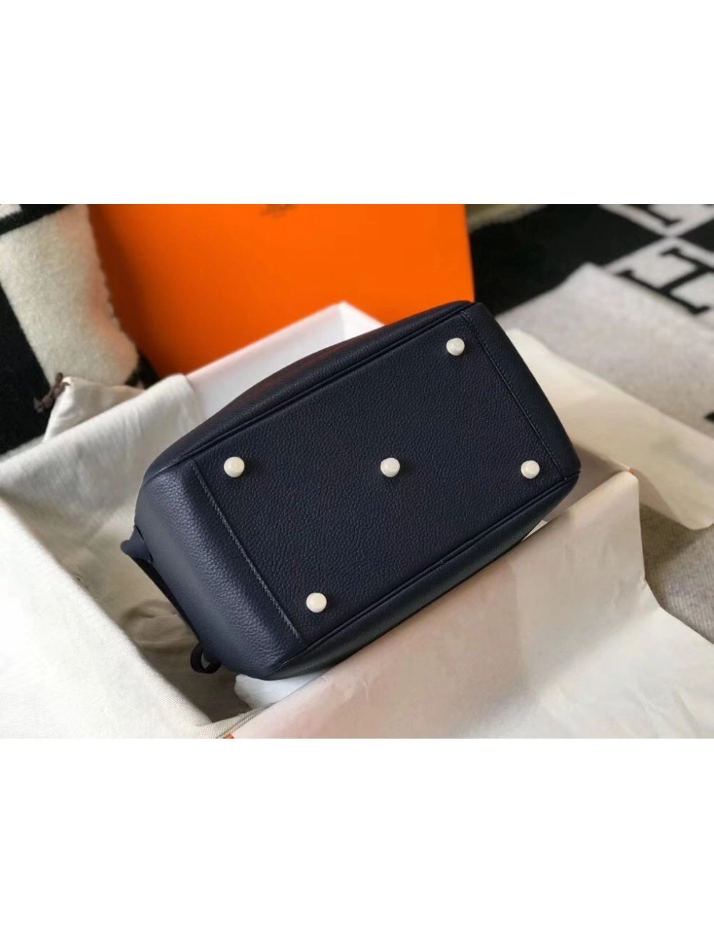 Hermes Lindy 30cm Bag In Navy Blue Clemence Leather GHW