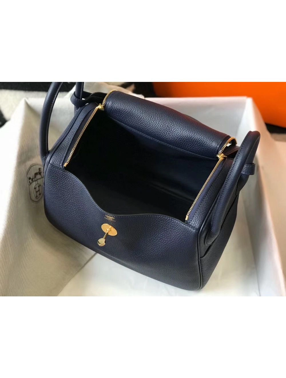 Hermes Lindy 30cm Bag In Navy Blue Clemence Leather GHW