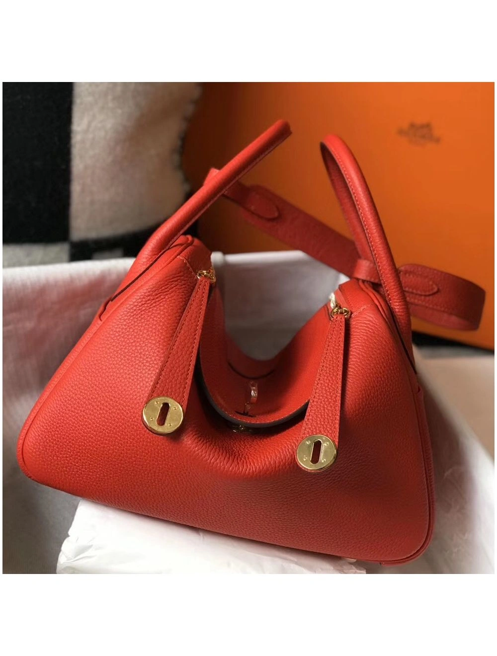 Hermes Lindy 30cm Bag In Red Clemence Leather GHW
