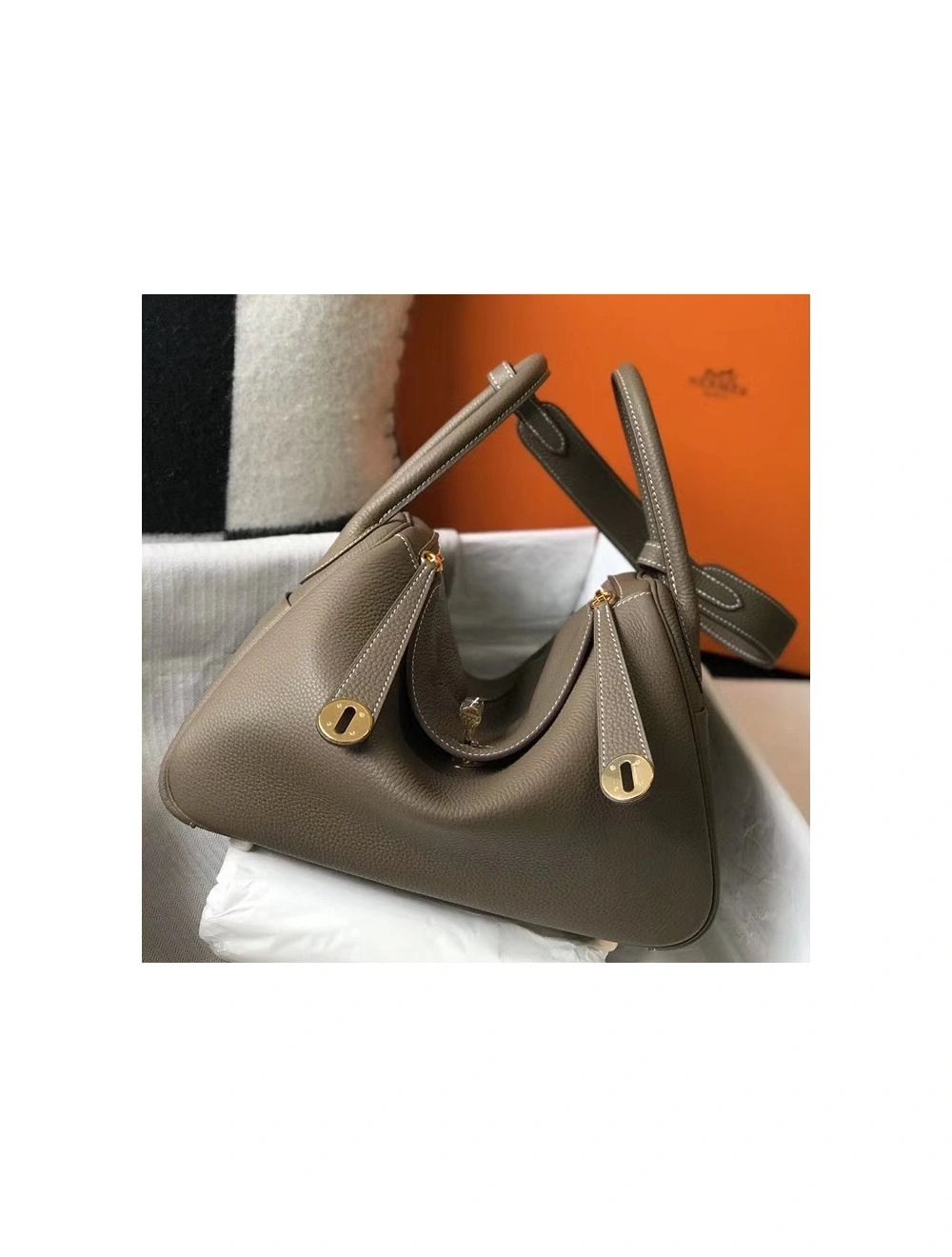 Hermes Lindy 30cm Bag In Taupe Clemence Leather GHW