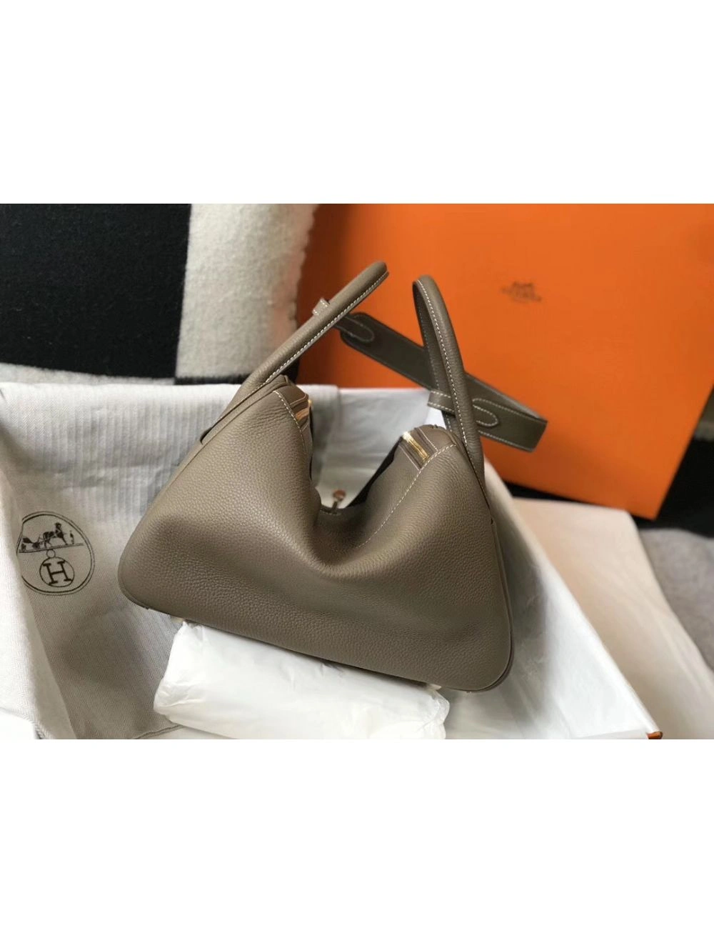 Hermes Lindy 30cm Bag In Taupe Clemence Leather GHW