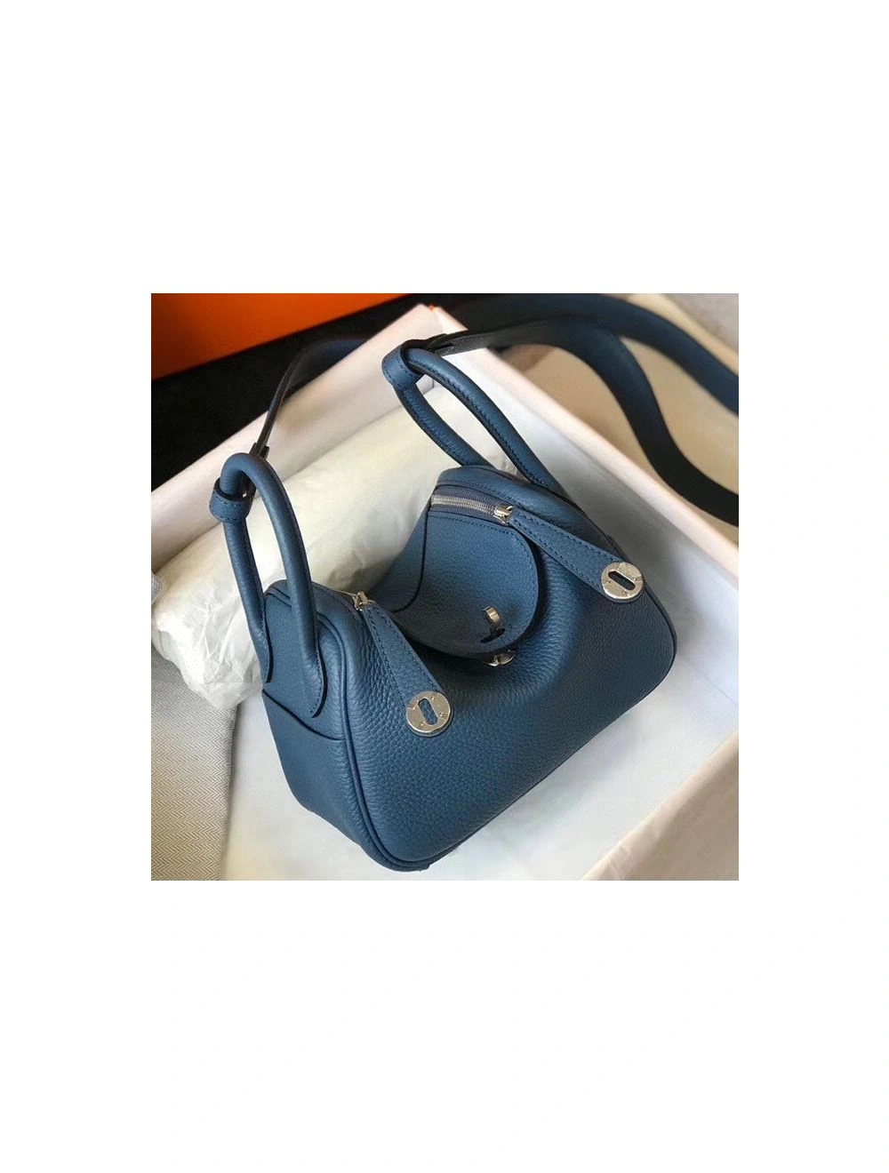 Hermes Lindy Mini Bag In Blue Agate Clemence Leather PHW