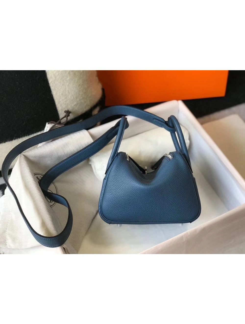 Hermes Lindy Mini Bag In Blue Agate Clemence Leather PHW