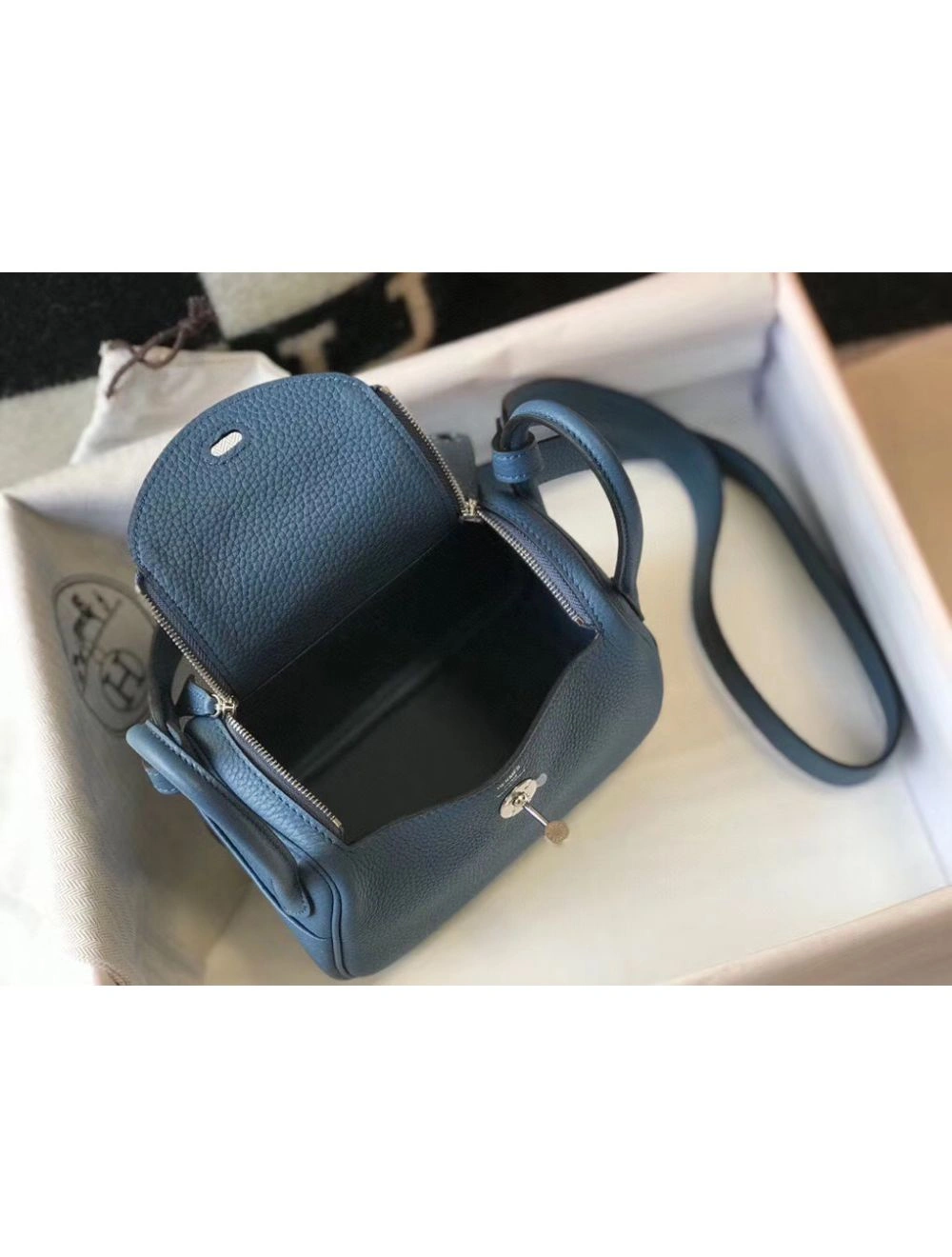 Hermes Lindy Mini Bag In Blue Agate Clemence Leather PHW