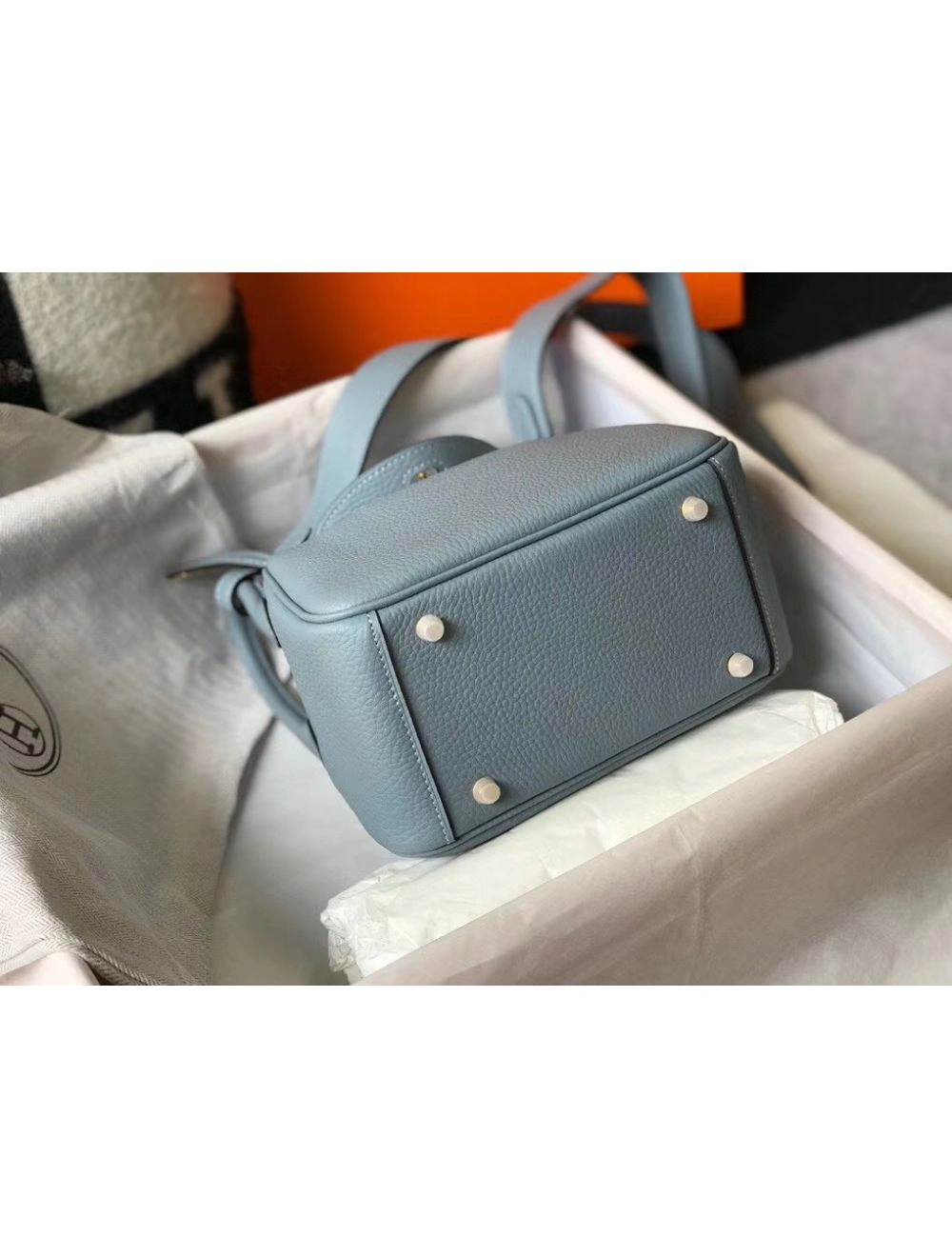 Hermes Lindy Mini Bag In Blue Lin Clemence Leather GHW