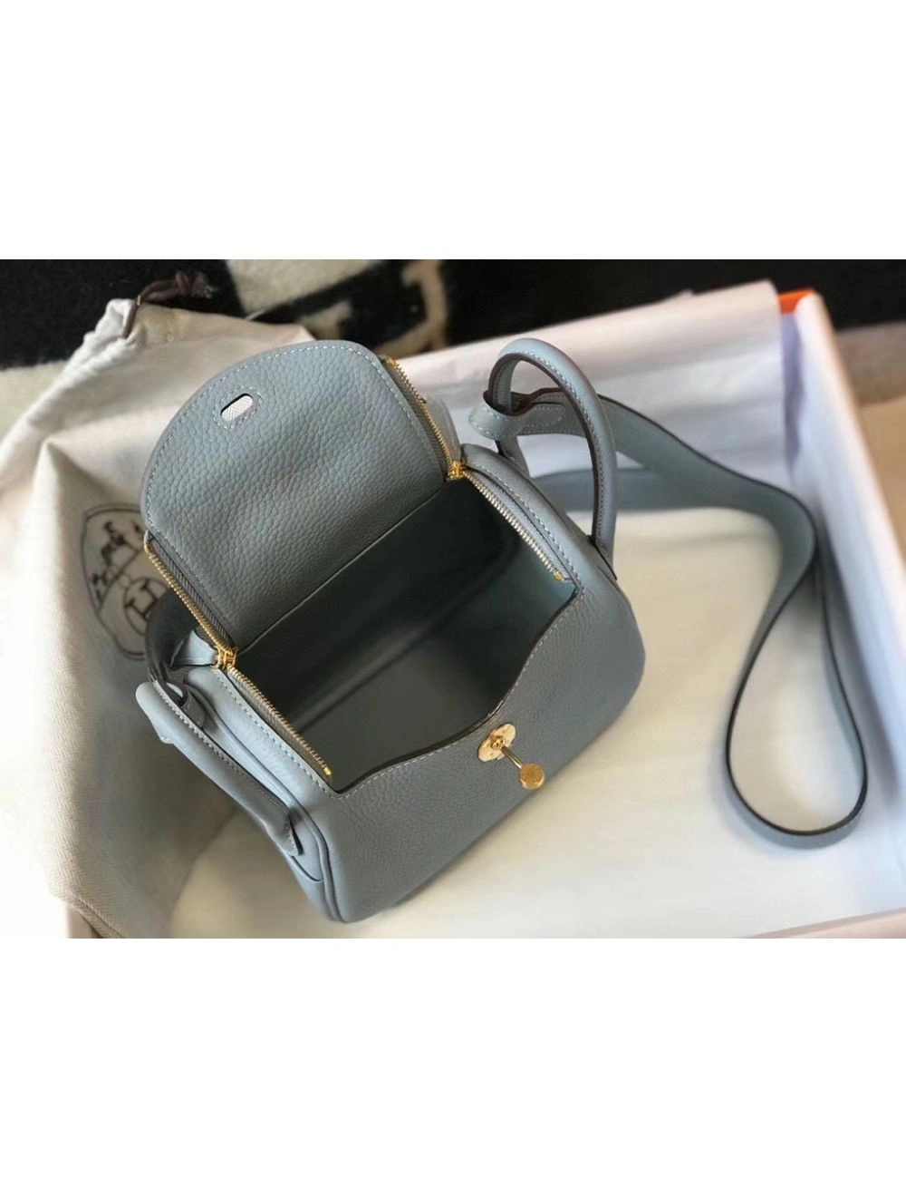 Hermes Lindy Mini Bag In Blue Lin Clemence Leather GHW