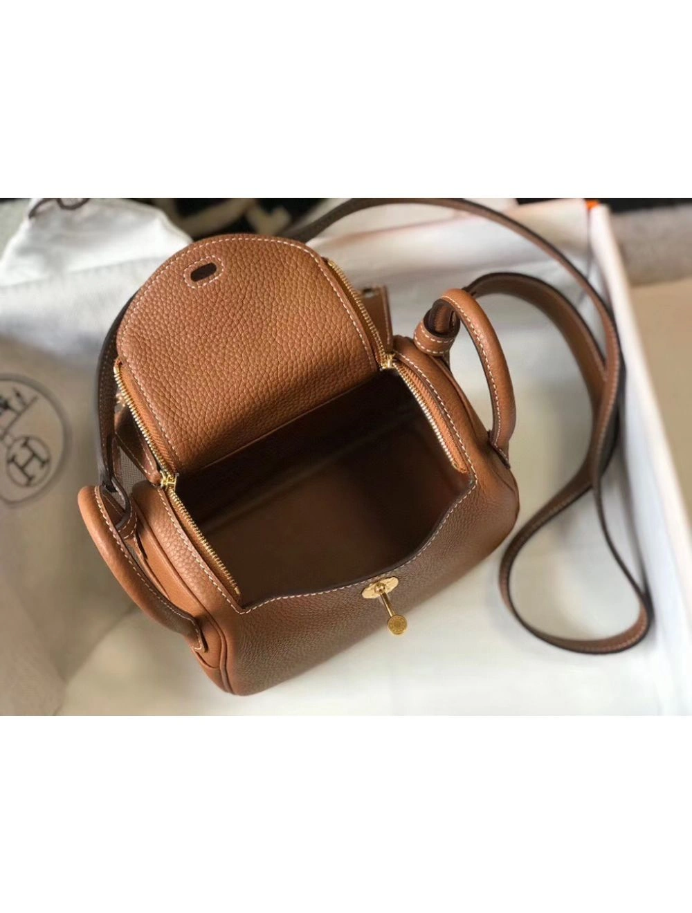 Hermes Lindy Mini Bag In Gold Clemence Leather GHW