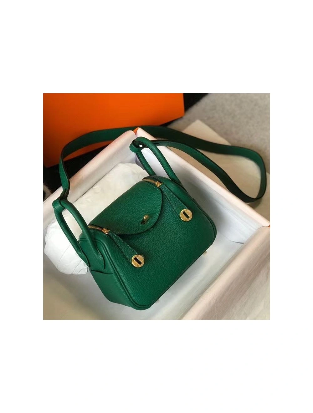 Hermes Lindy Mini Bag In Green Clemence Leather GHW