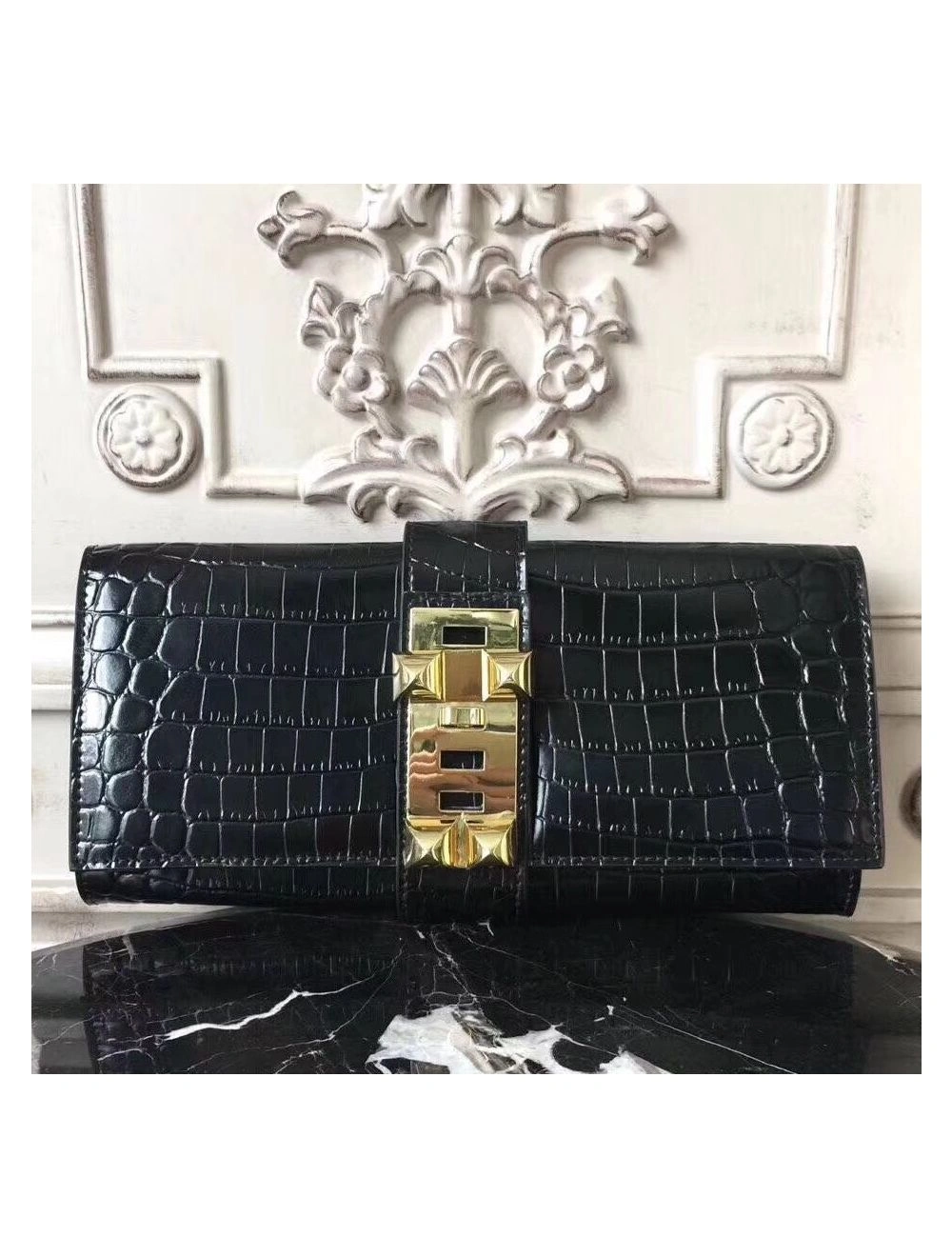 Hermes Medor Clutch Bag In Black Crocodile Leather
