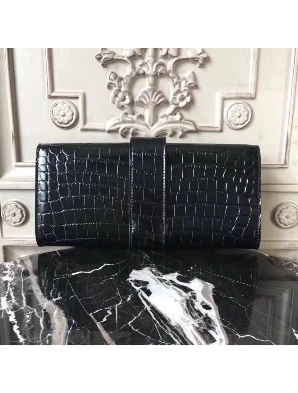 Hermes Medor Clutch Bag In Black Crocodile Leather
