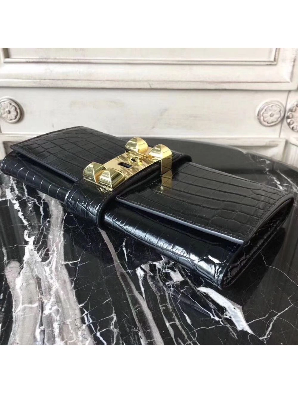 Hermes Medor Clutch Bag In Black Crocodile Leather