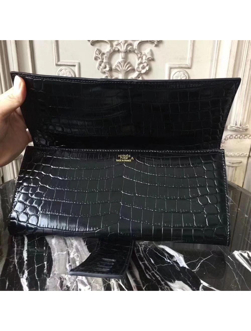 Hermes Medor Clutch Bag In Black Crocodile Leather