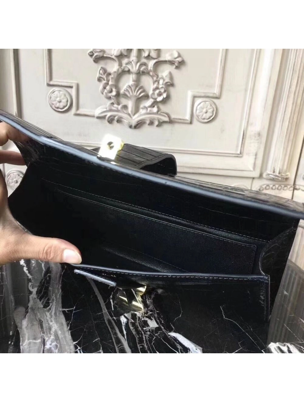 Hermes Medor Clutch Bag In Black Crocodile Leather