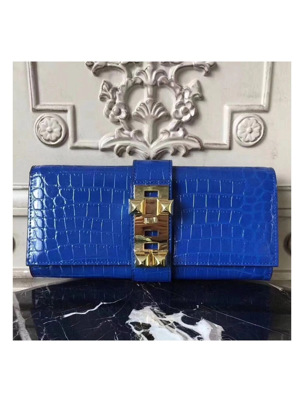Hermes Medor Clutch Bag In Blue Crocodile Leather