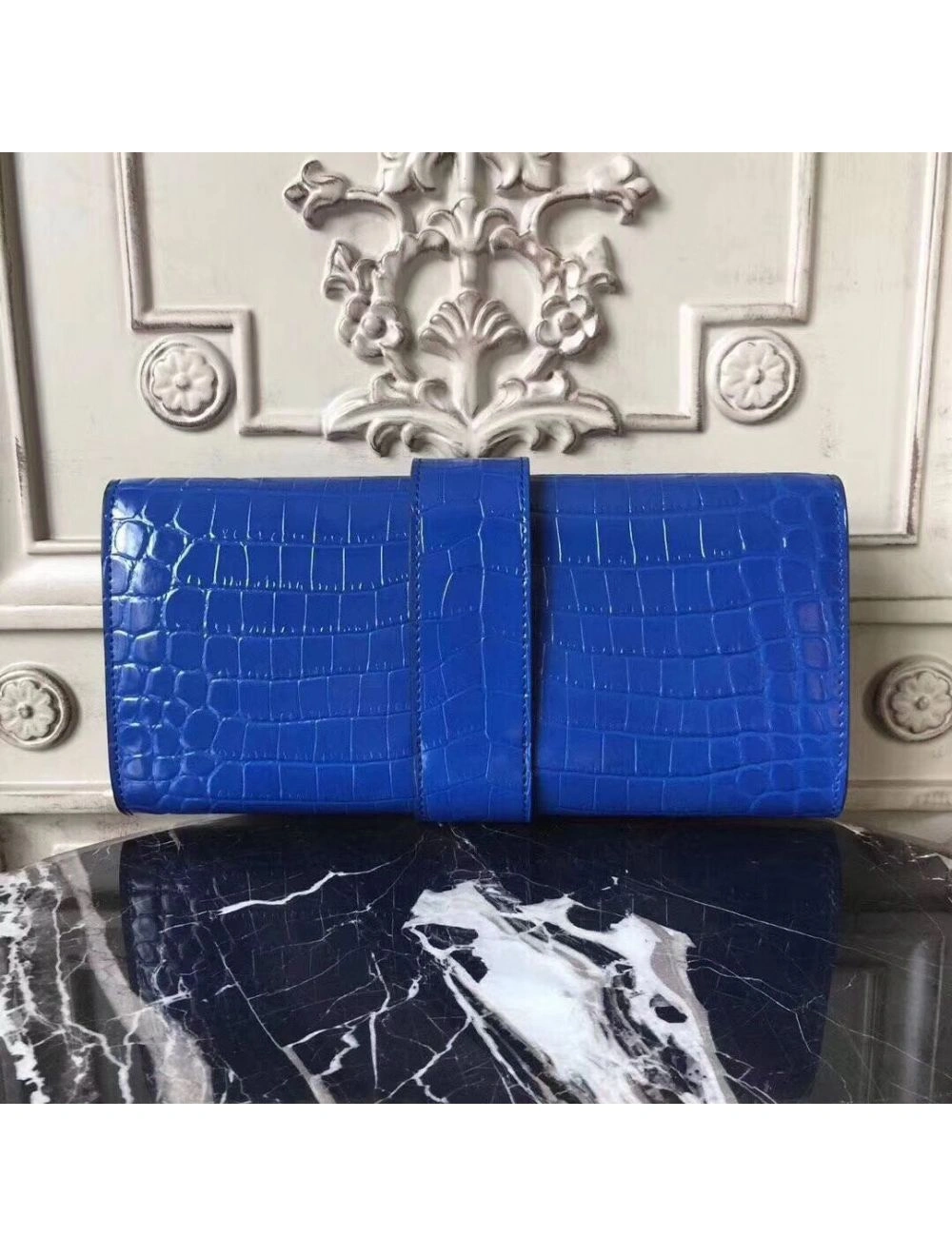 Hermes Medor Clutch Bag In Blue Crocodile Leather