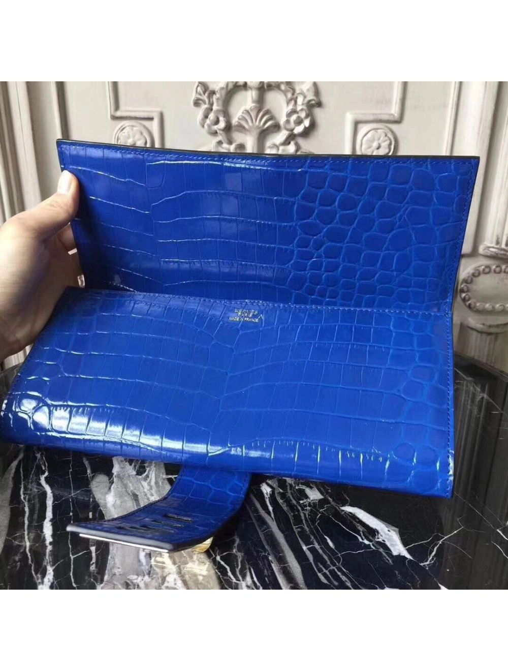 Hermes Medor Clutch Bag In Blue Crocodile Leather