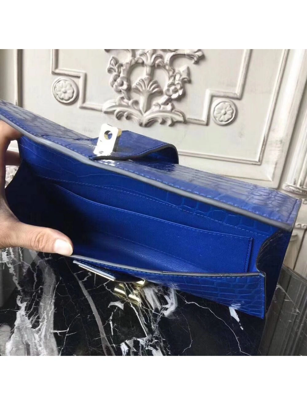 Hermes Medor Clutch Bag In Blue Crocodile Leather