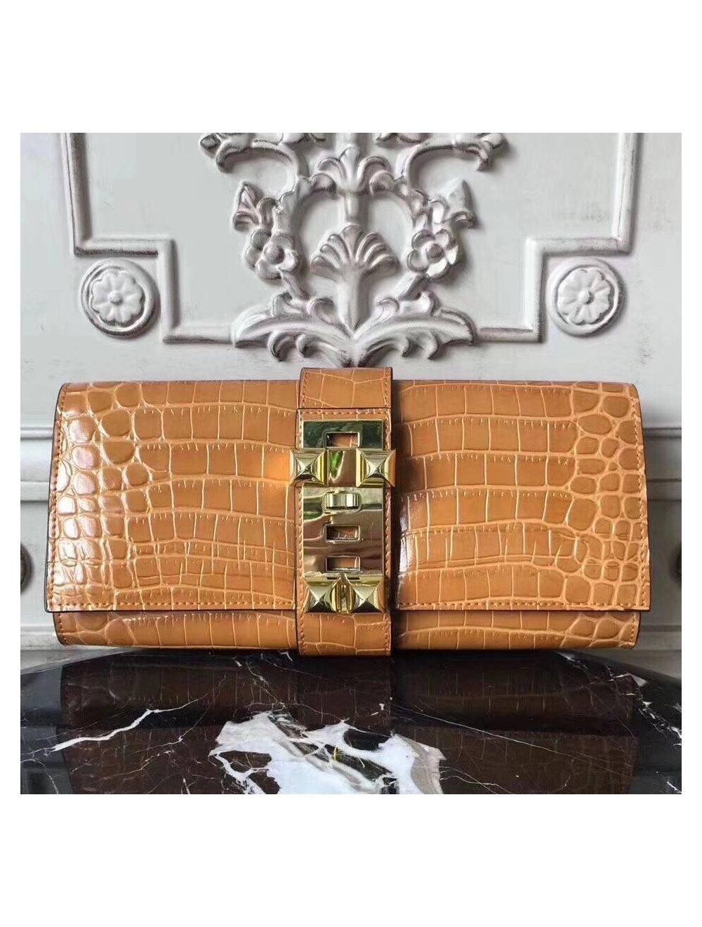 Hermes Medor Clutch Bag In Camarel Crocodile Leather