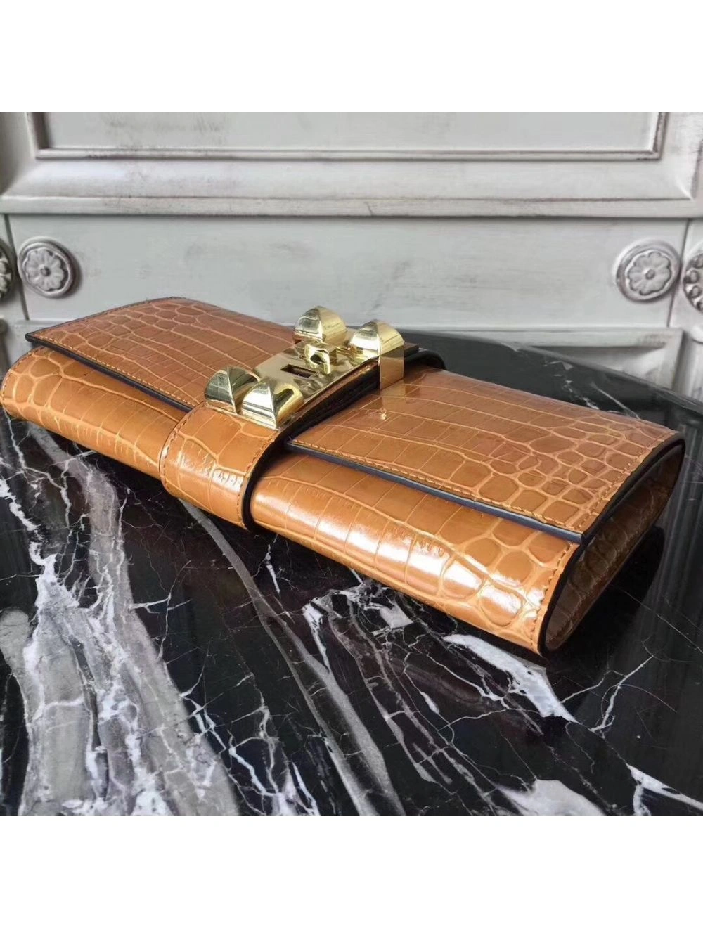 Hermes Medor Clutch Bag In Camarel Crocodile Leather