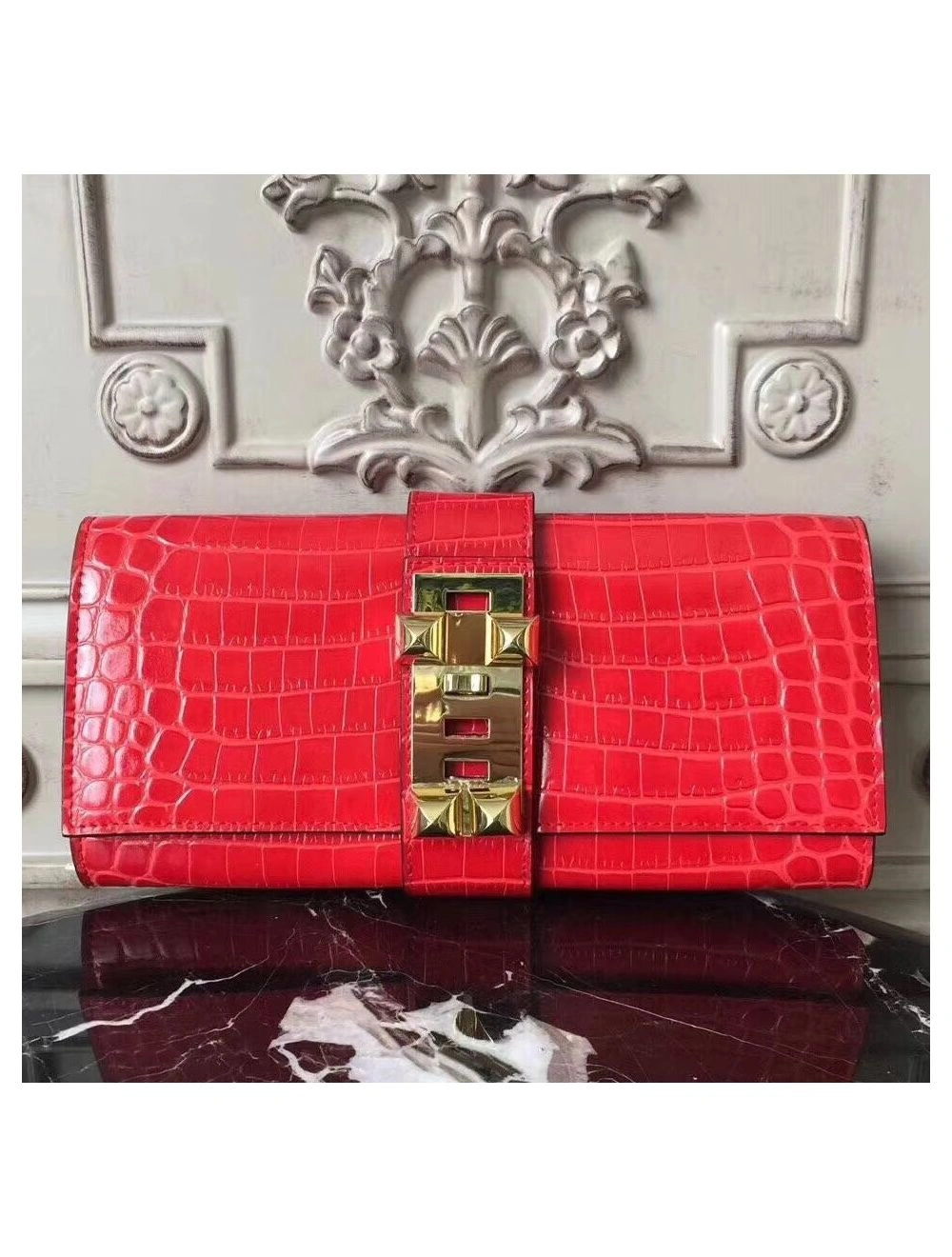 Hermes Medor Clutch Bag In Cherry Crocodile Leather