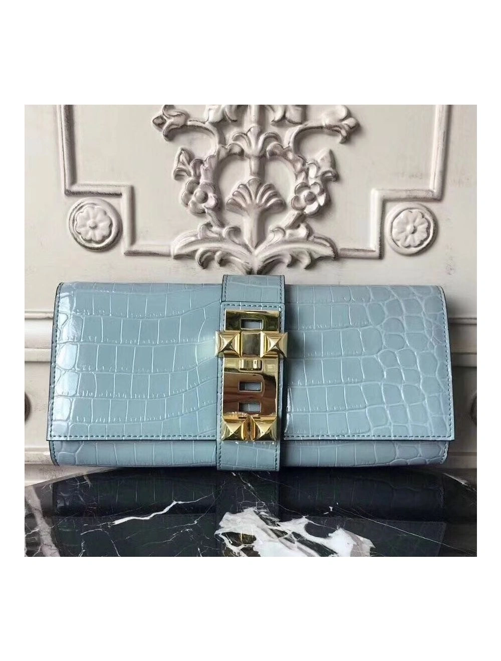 Hermes Medor Clutch Bag In Ciel Crocodile Leather