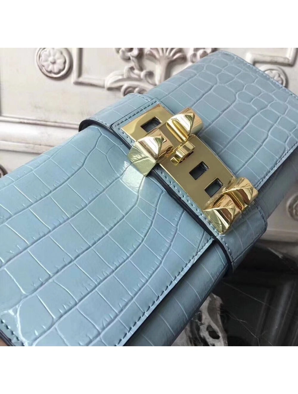 Hermes Medor Clutch Bag In Ciel Crocodile Leather