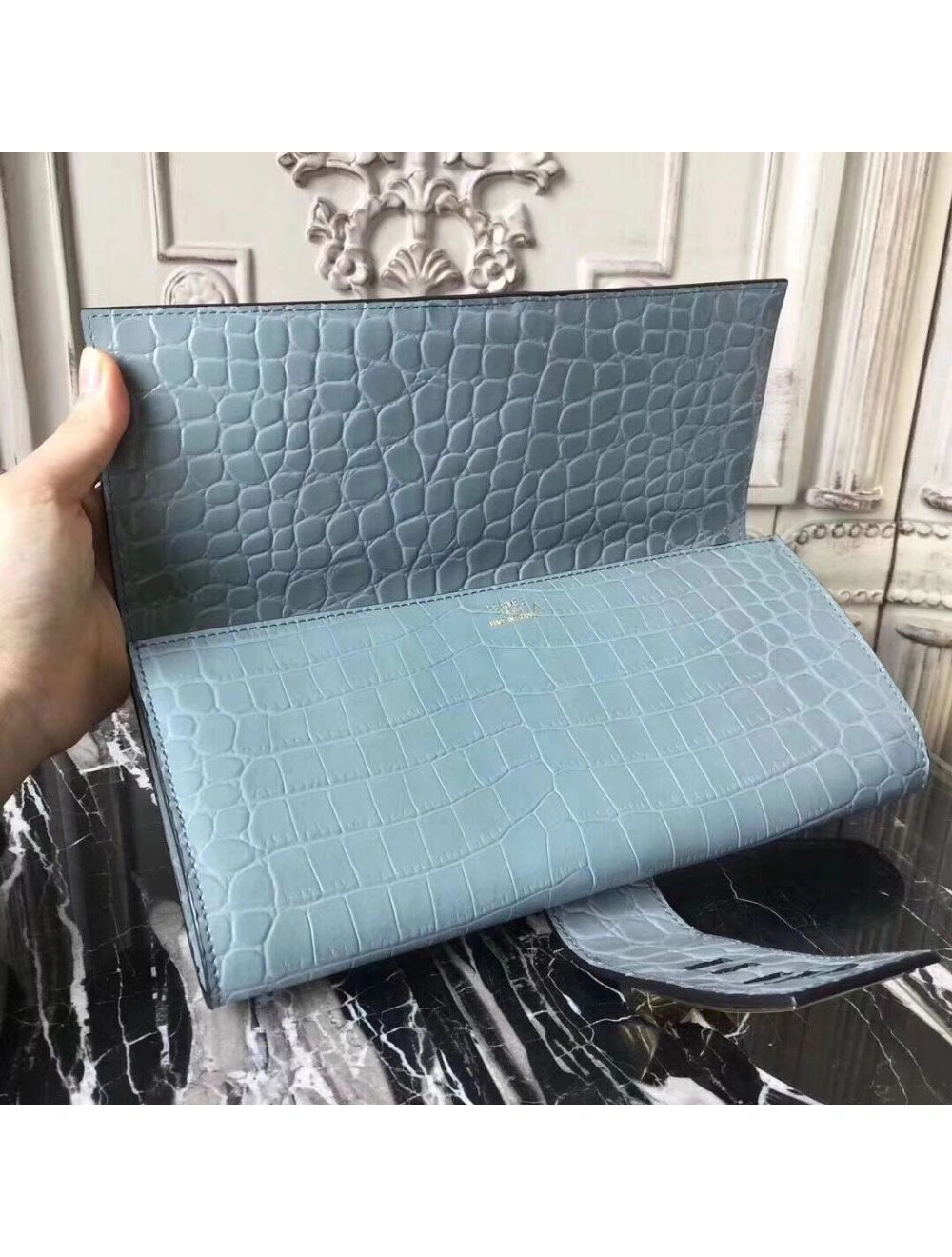 Hermes Medor Clutch Bag In Ciel Crocodile Leather