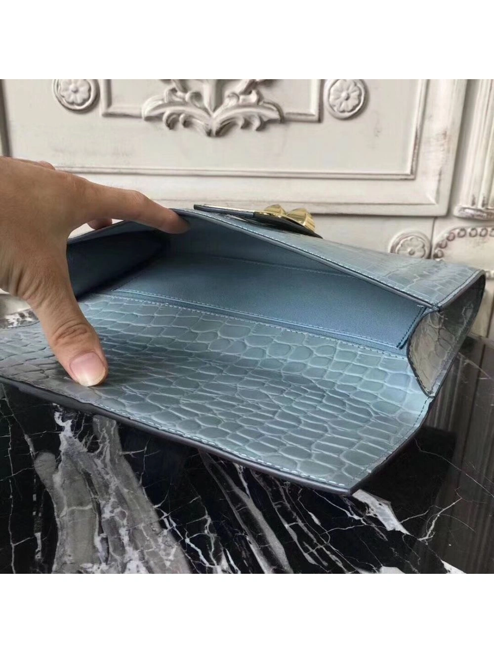 Hermes Medor Clutch Bag In Ciel Crocodile Leather