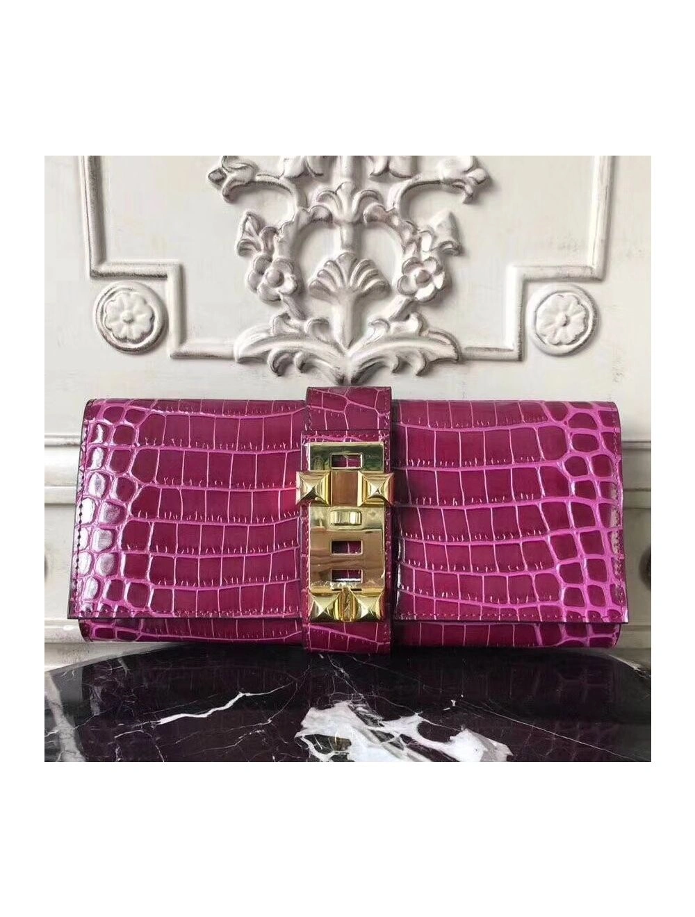 Hermes Medor Clutch Bag In Fuchsia Crocodile Leather