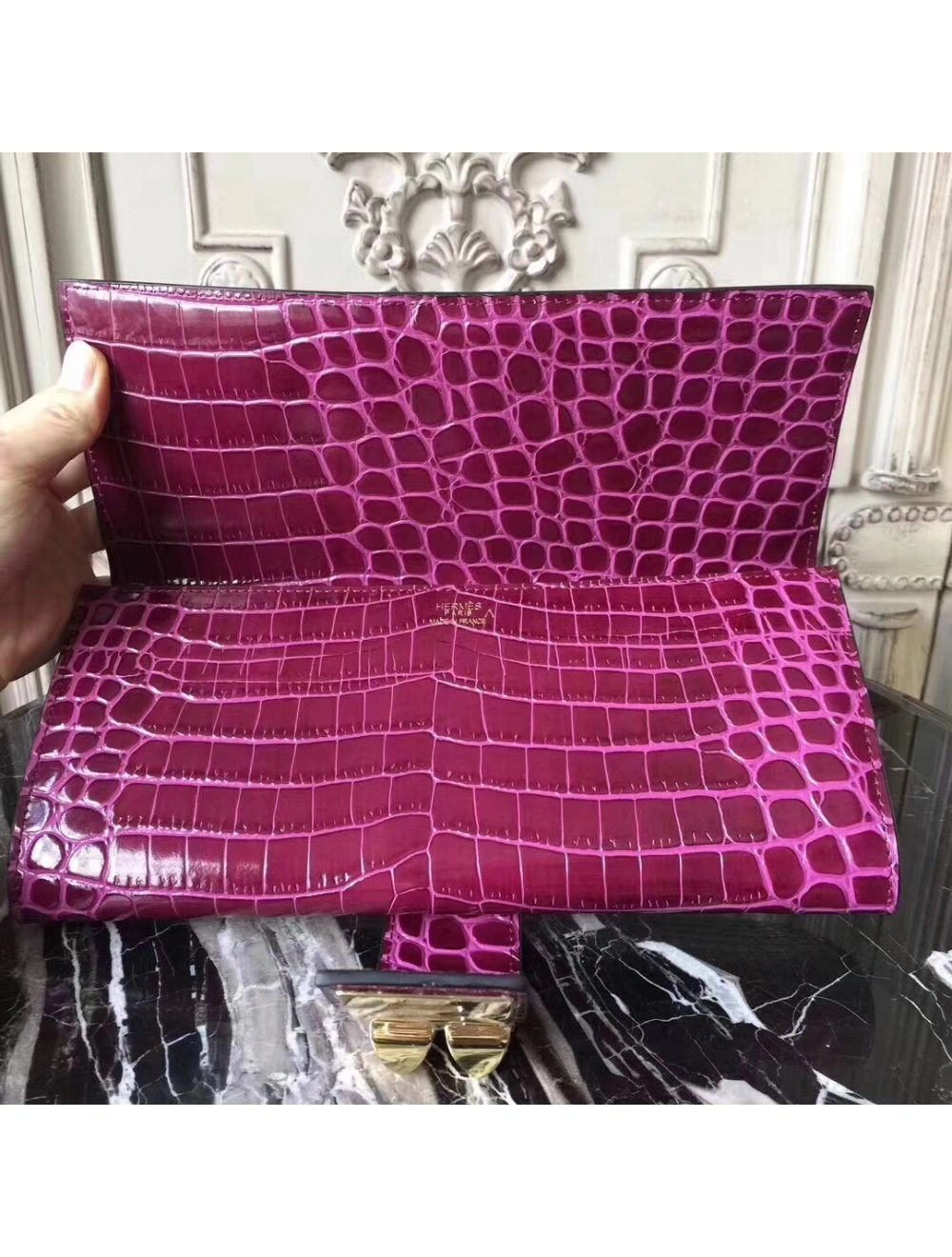 Hermes Medor Clutch Bag In Fuchsia Crocodile Leather