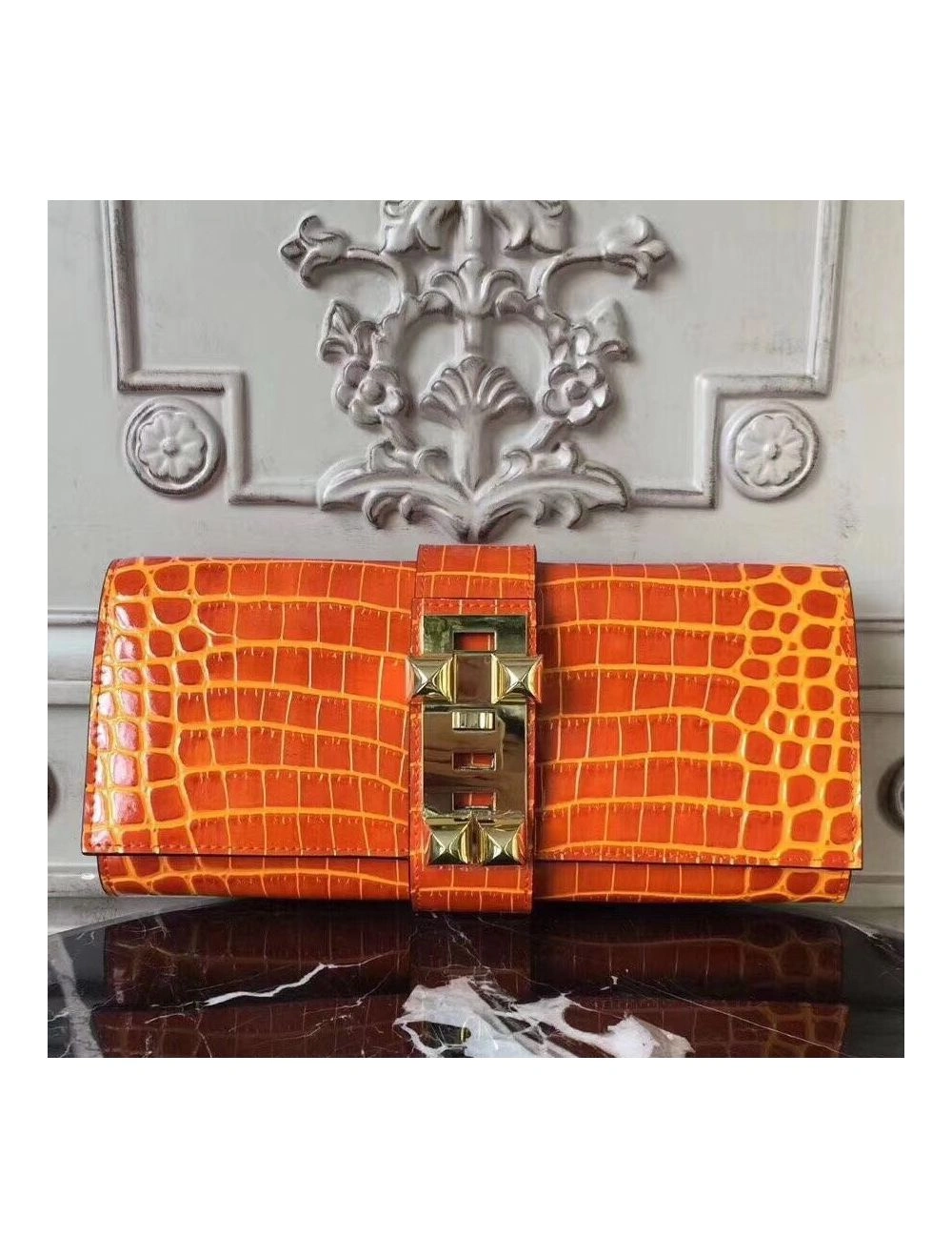 Hermes Medor Clutch Bag In Orange Crocodile Leather