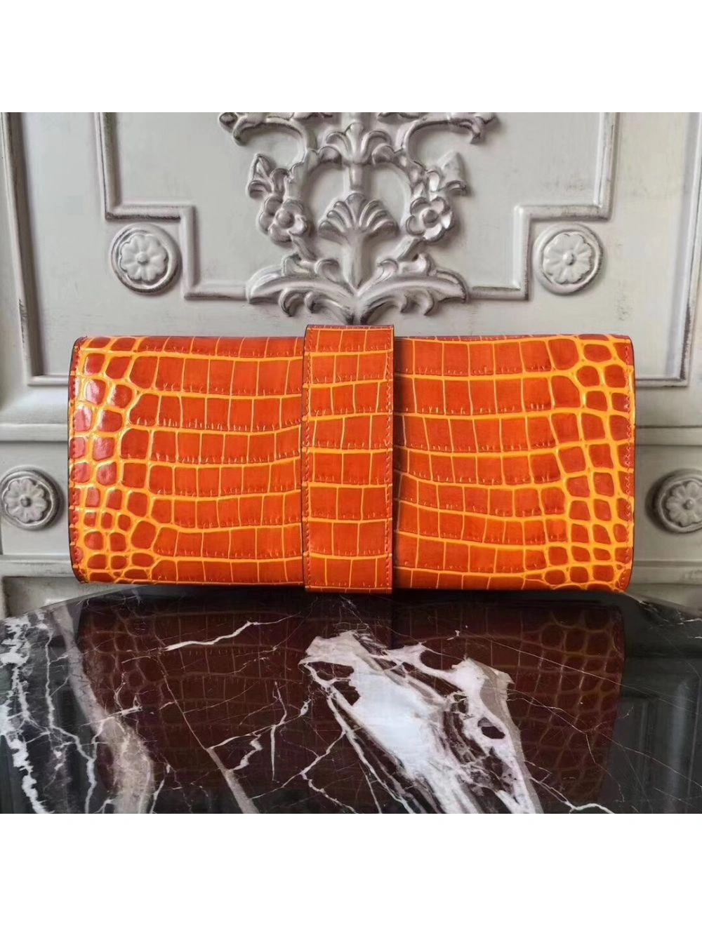 Hermes Medor Clutch Bag In Orange Crocodile Leather