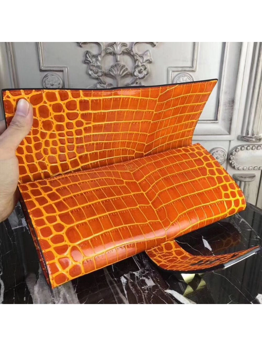 Hermes Medor Clutch Bag In Orange Crocodile Leather
